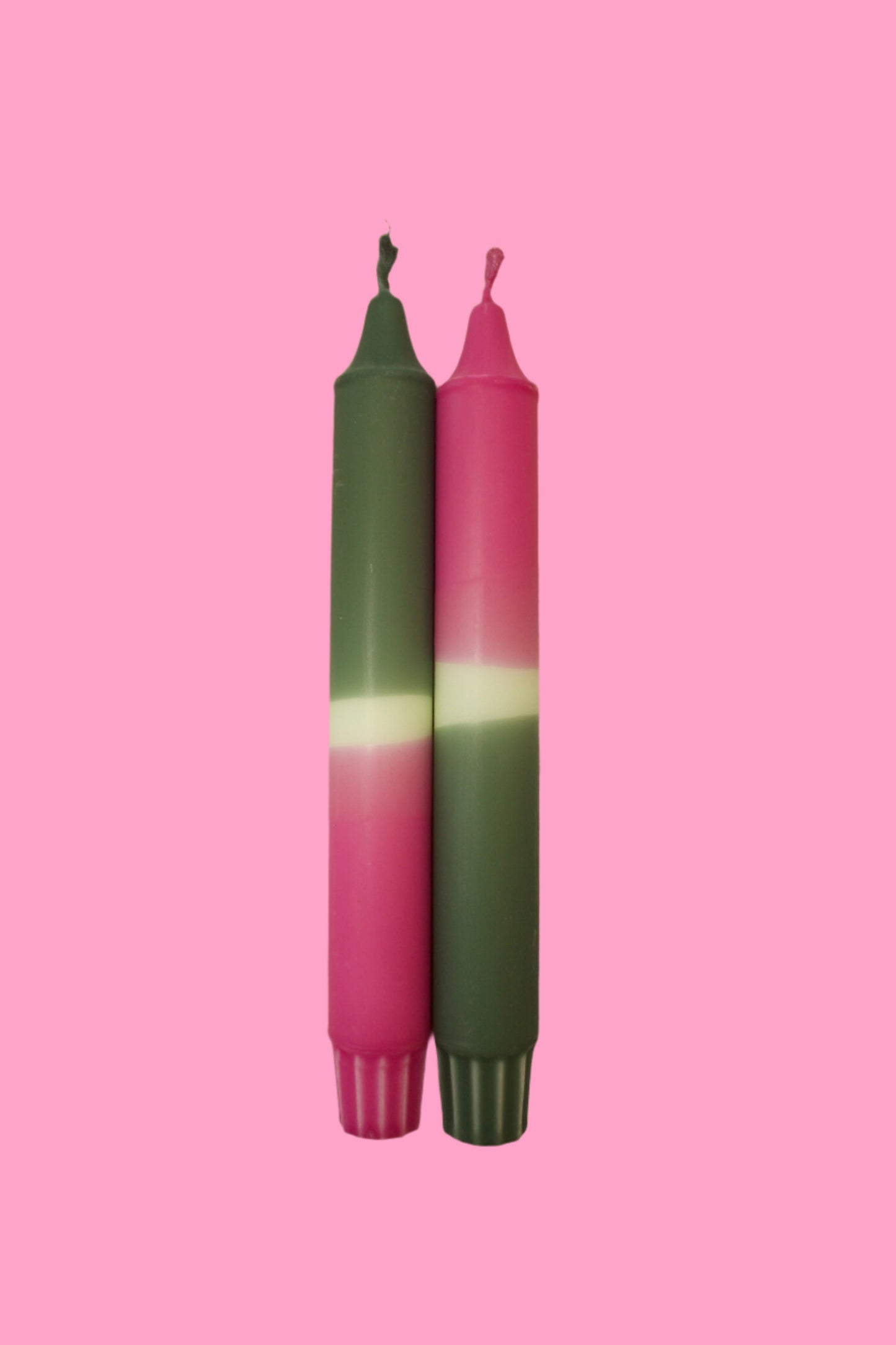 Never to be seen, pink & green (pair of taper candles)