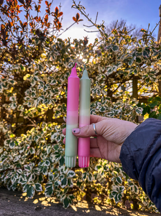 Never to be seen, pink and green (pair of taper candles)